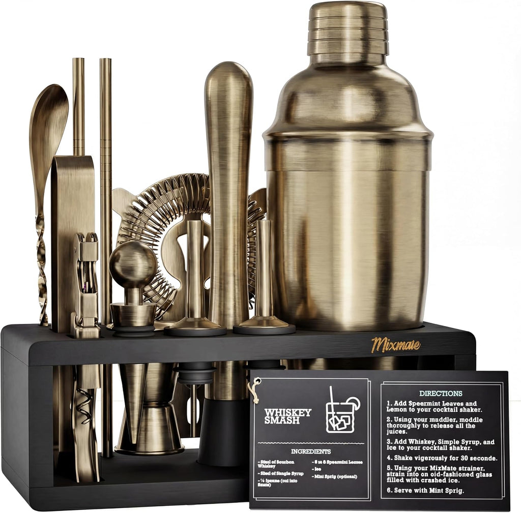 Brushed Brass Mixology Kit - 15 Piece Bar Tool Set, Silver Bar Set Cocktail Shaker Set for Drink Mixing - Includes