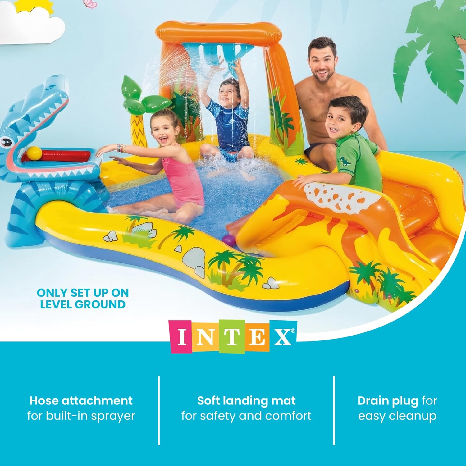 Inflatable Dinosaur Play Center Outdoor Playhouse Inflatable Water Park with Kid Pool Slide, Water Sprayer