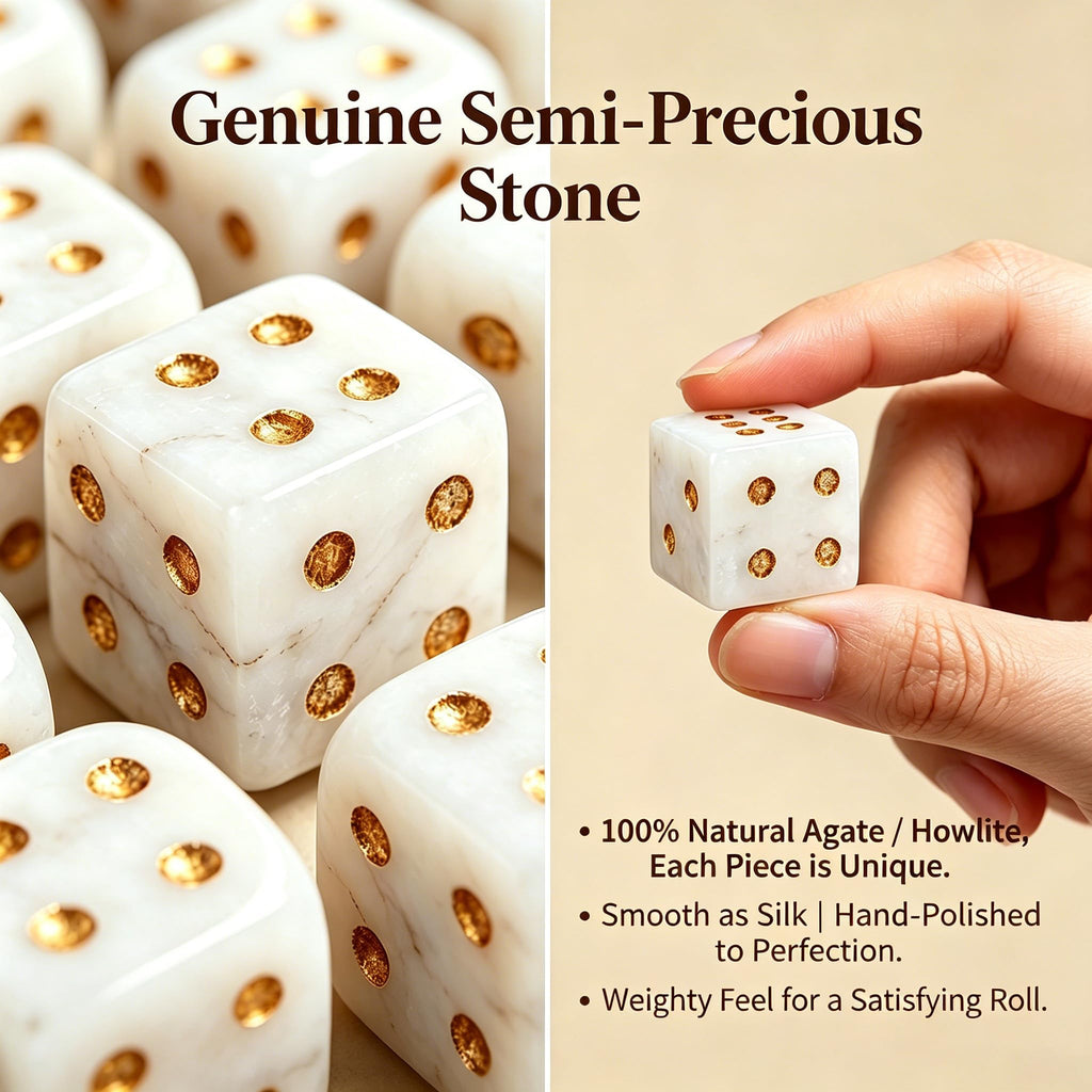 Crystal Dice, 16mm, White with Gold Pips, Natural Stone Game Dice, 2 Piece Set