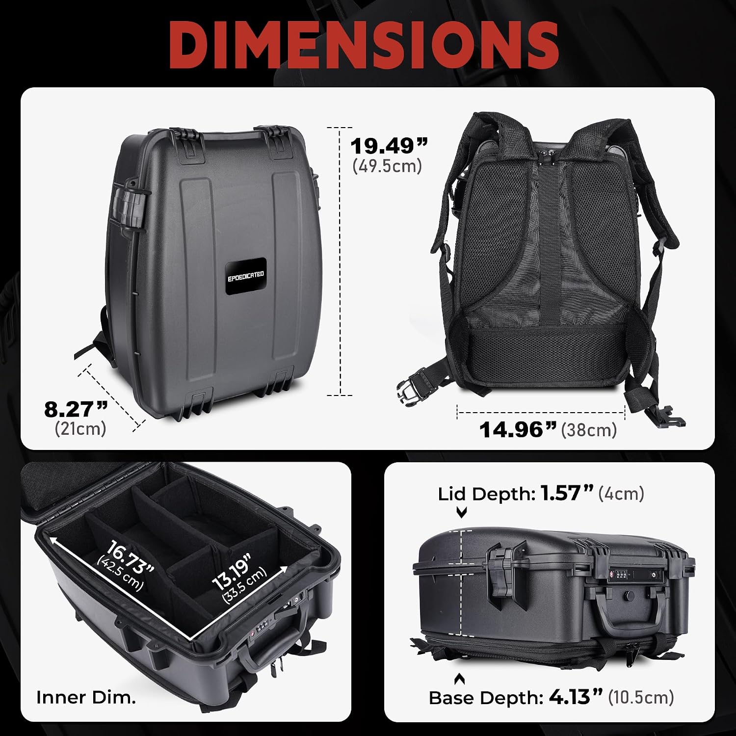 IP67 Waterproof Camera Backpack Hard Case with Padded Dividers, 19", Black