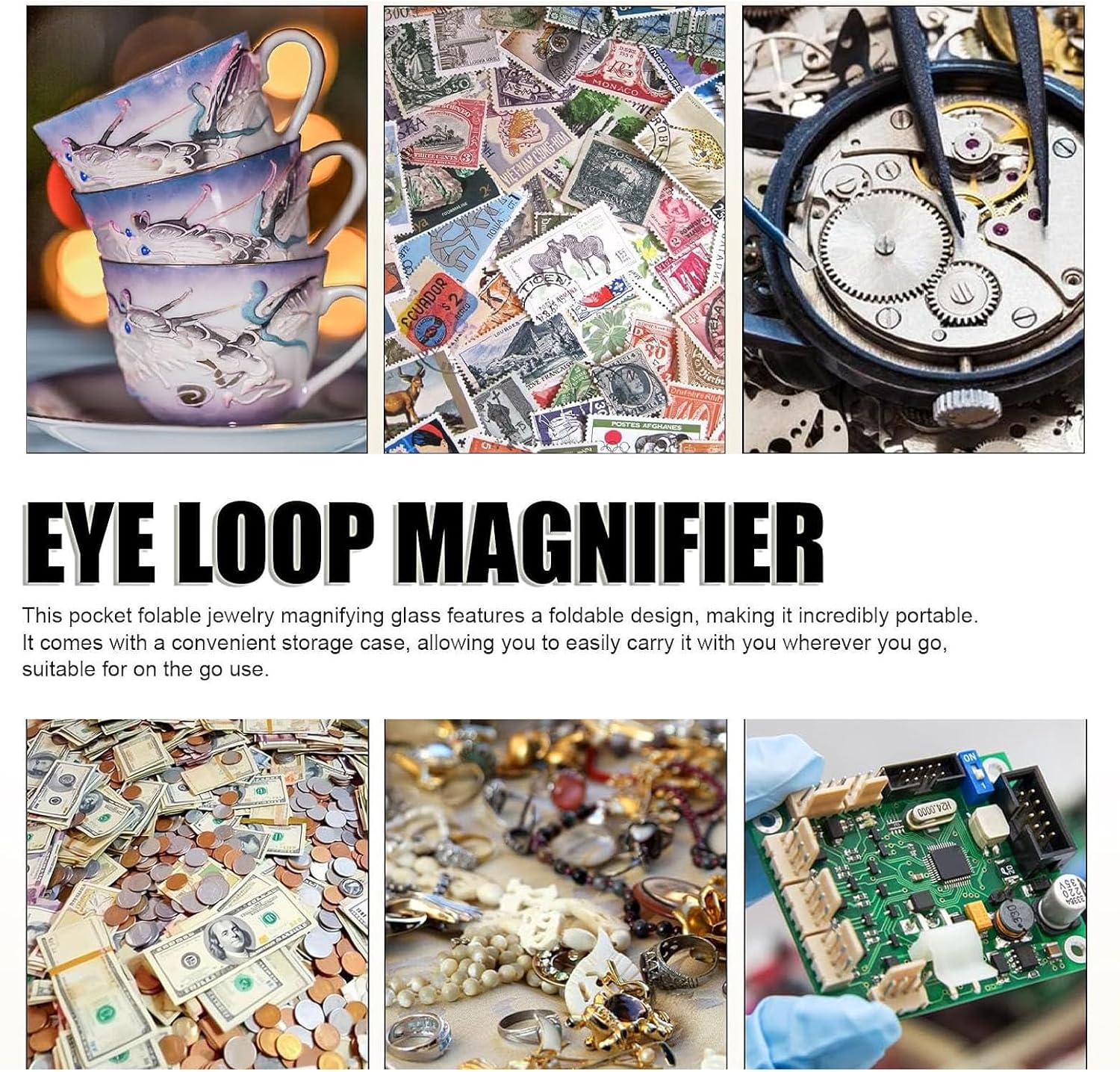 Pocket Jewelry Loupe Magnifier Rechargeable with 6 LED and 3UV Lights, Small Metal Magnifying Glass 25mm Optical Lens