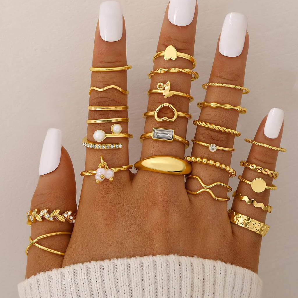 68 Pcs Gold Jewelry Set for Women with 7 Necklace, 17 Bracelet, 5 Hoop Earrings, 15 Stud Earrings, 24 Knuckle Rings