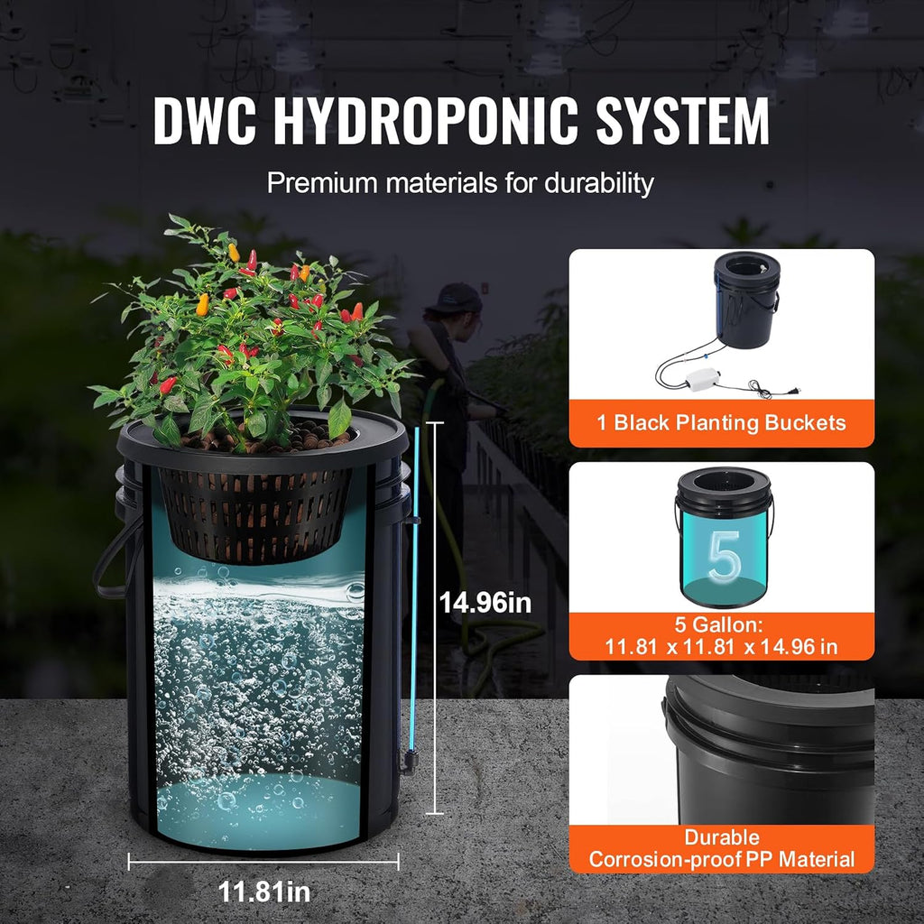 DWC Hydroponics Grow System, 5-Gallon Deep Water Culture with Top Drip Kit, Air Pump, Air Stone, Water Level Device