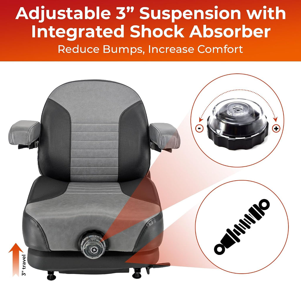 Comfort Elite Suspension Seat – 1 YEAR WARRANTY – Adjustable Suspension, Backrest, & Cushioned Armrests – For Scag