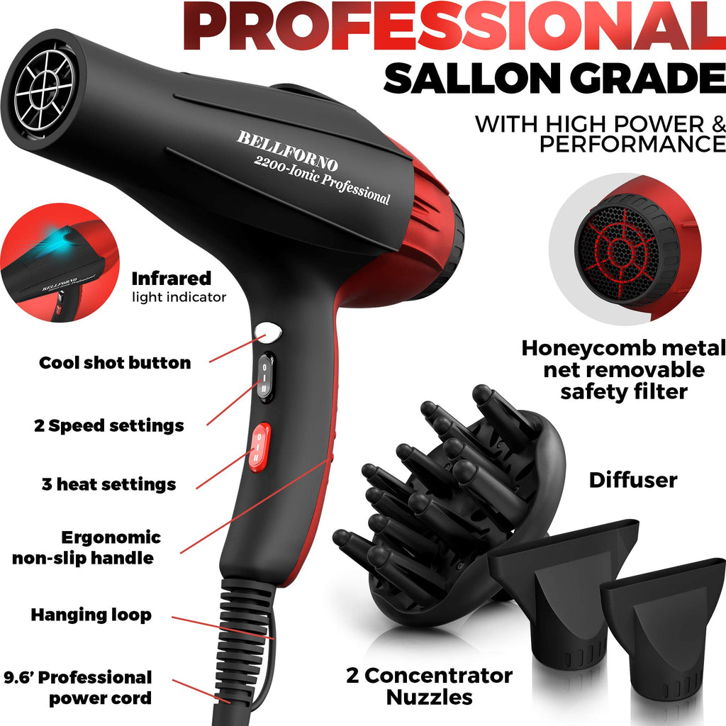 Professional Ionic Curly Hair Dryer with Diffuser, Black/Red