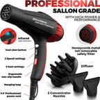 Professional Ionic Curly Hair Dryer with Diffuser, Black/Red