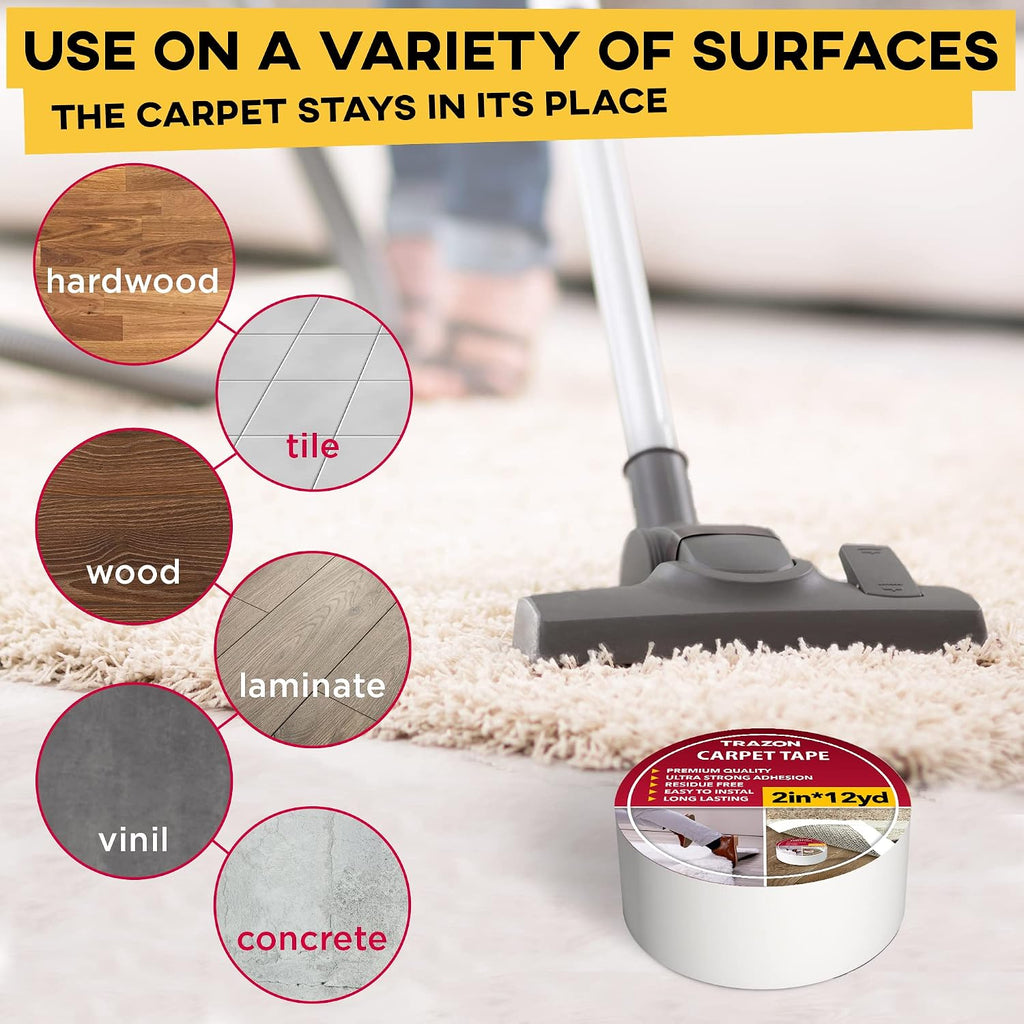 Carpet Tape Double Sided - Rug Tape Grippers for Hardwood Floors and Area Rugs - Carpet Binding Tape Strong Adhesive