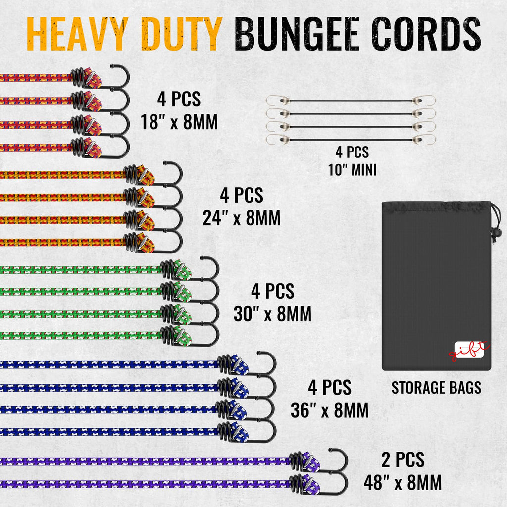 22-Piece Bungee Cords with Hooks, 10-48" Tie Down Straps, 6 Sizes