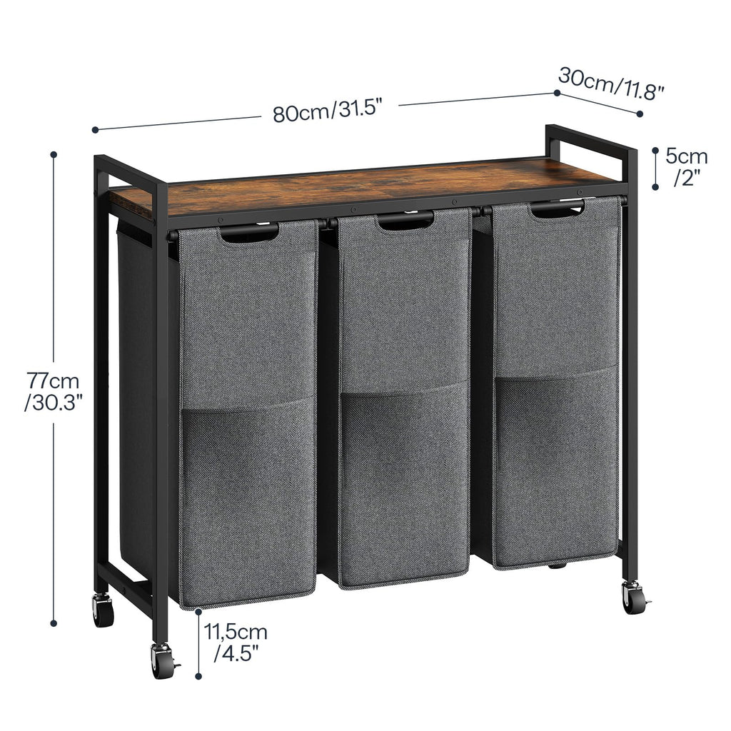 Laundry Sorter 3 Section, Laundry Hamper with Wheels, 3 × 11.5 Gal (43.4L), Rolling Laundry Basket, Pull-Out and