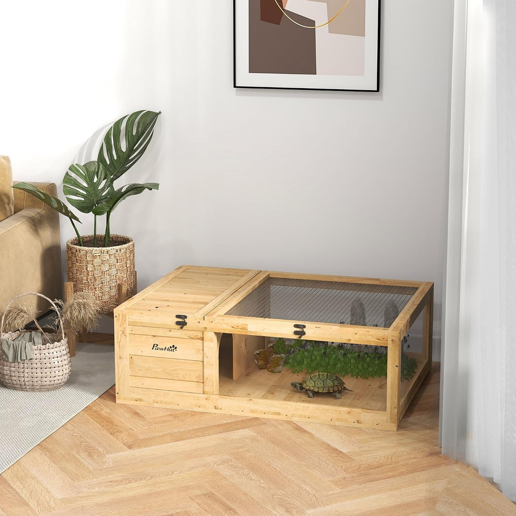 Wooden Tortoise House Indoor Turtle Habitat Enclosure Outdoor Reptile Cage for Lizards, Geckos, Yellow