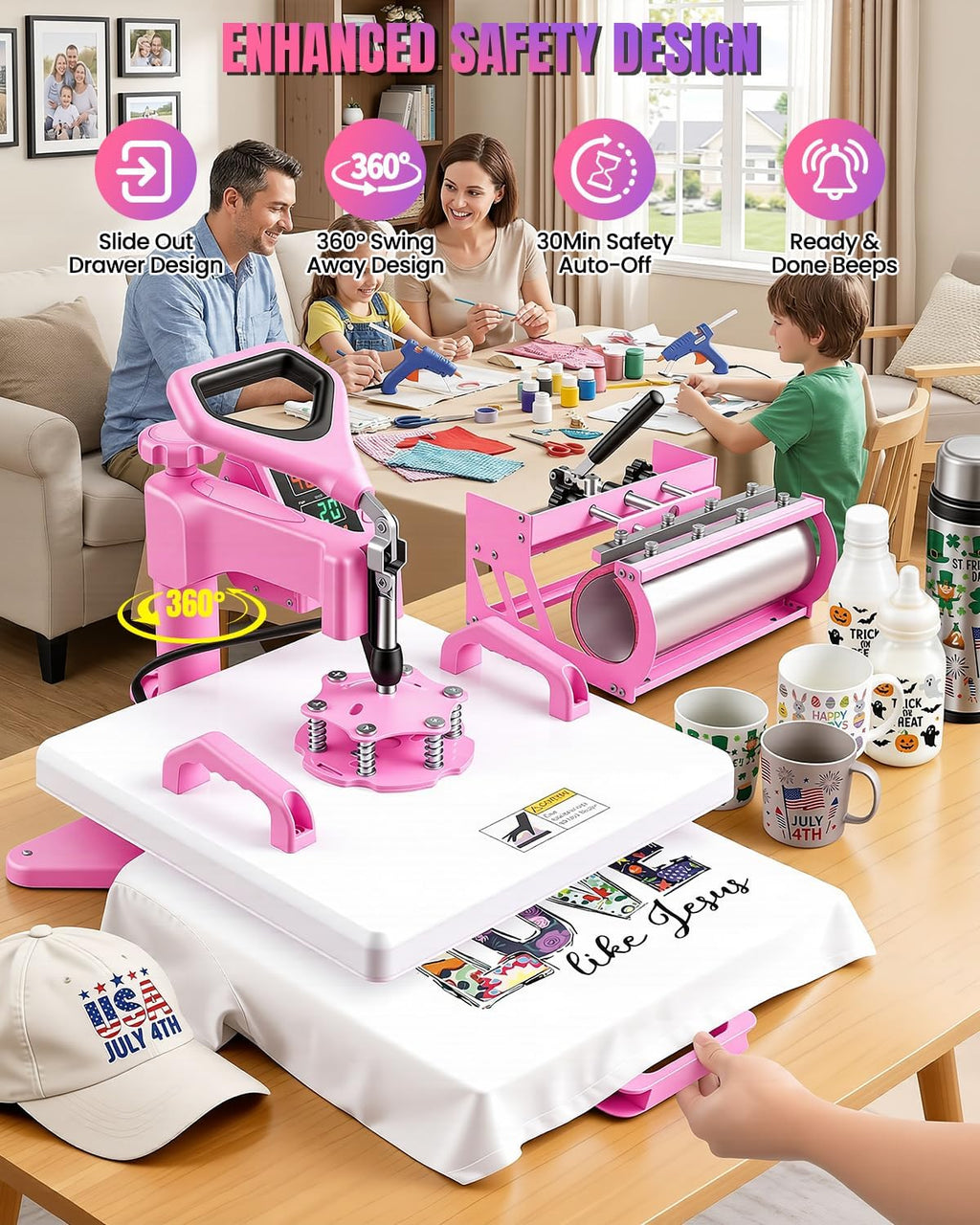 15x15 Slide-Out Heat Press 8-in-1 Combo w/ 30oz Tumbler, Hat, Plate Presses | Dual-Tube Fast Heating & 4-Zone PID