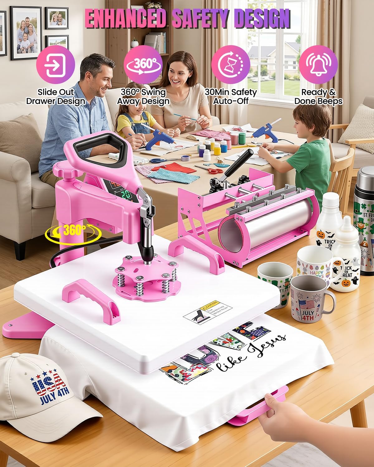 15x15 Slide-Out Heat Press 8-in-1 Combo w/ 30oz Tumbler, Hat, Plate Presses | Dual-Tube Fast Heating & 4-Zone PID