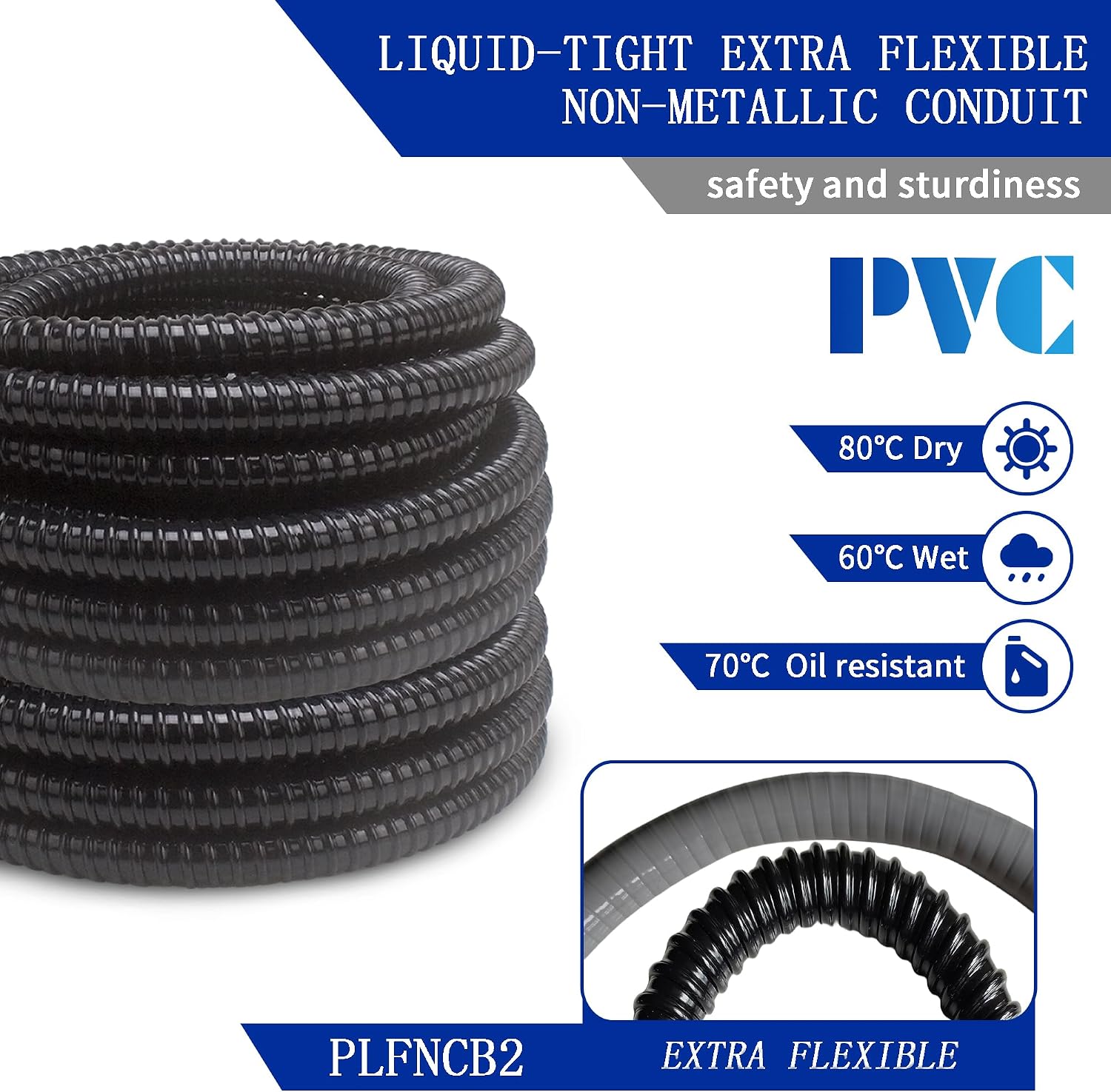 (1/2" Dia * 50 Feet) Yariwiz Black Special Extra Flexible Electrical Conduit Liquid Tight PVC Conduit Kit with 5 PCS