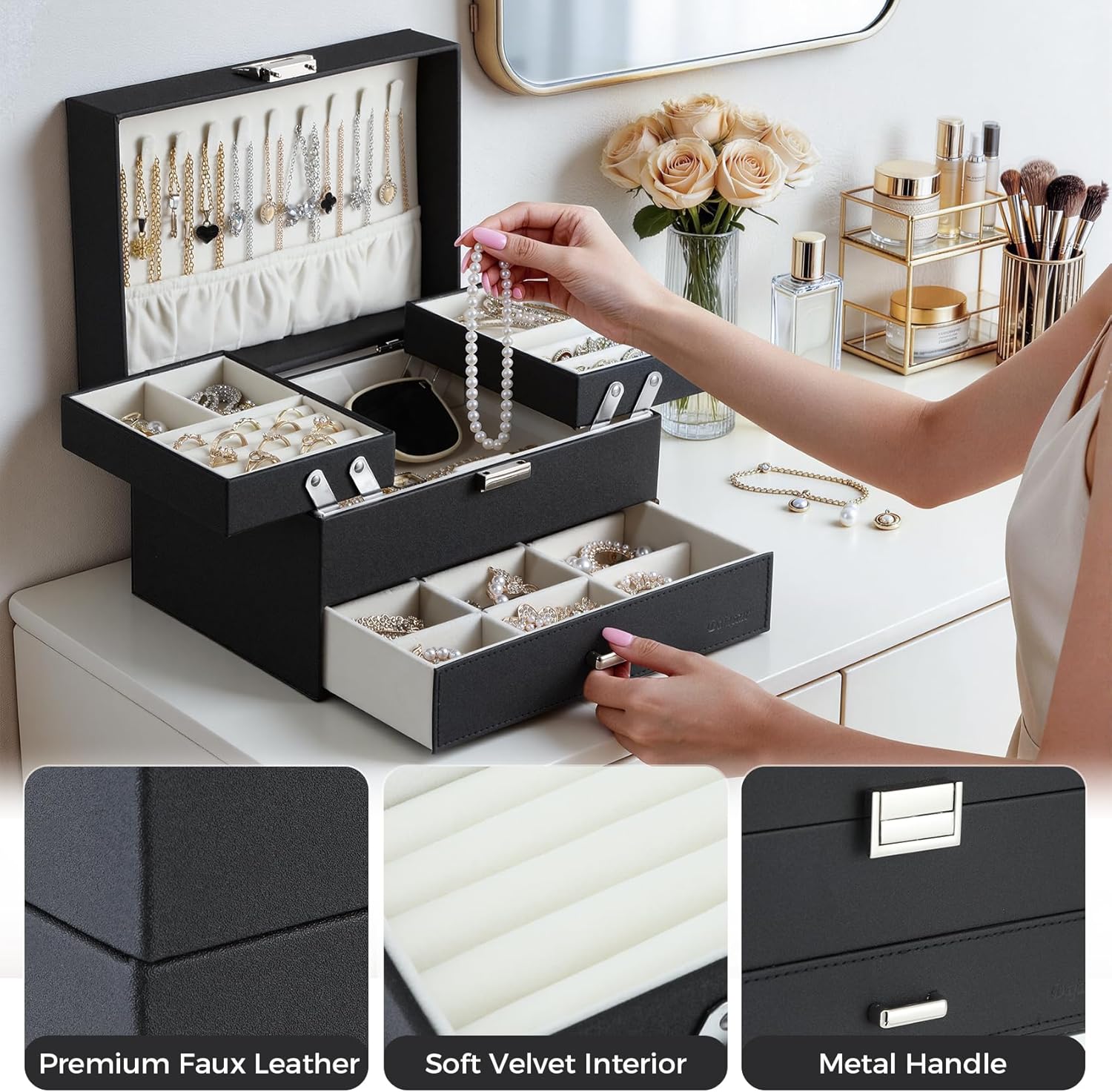 Jewelry Organizer Box, Large Jewelry Boxes for Women Girls, Space-Saving 3 Layers Jewelry Storage Case with Drawer