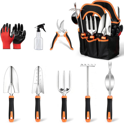 9-Piece Stainless Steel Garden Tools Set, HaSteeL Outdoors Gardening Hand Utensils Kit with Storage Bag, Rust