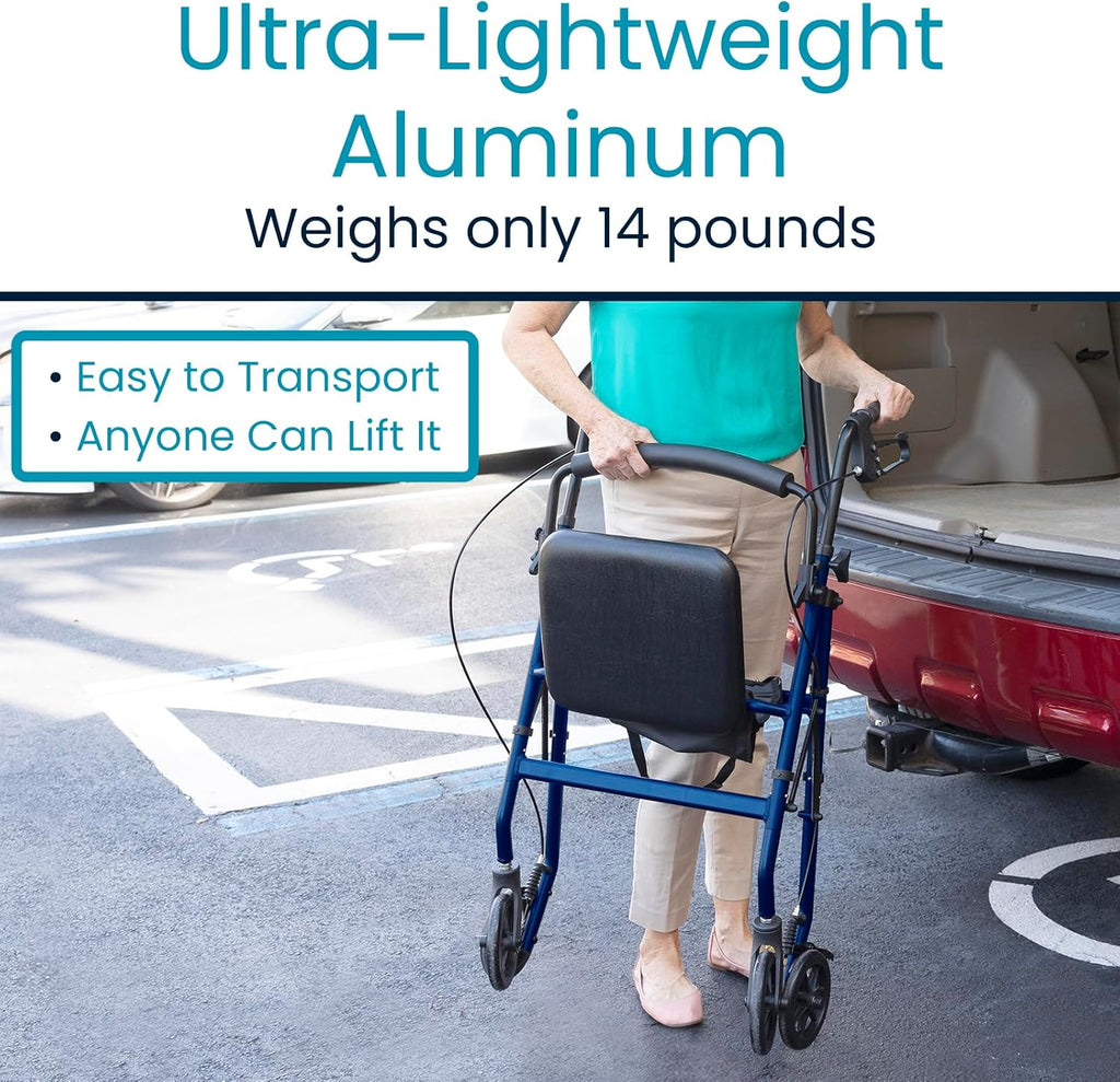 Vive Ultra Lightweight Rollator Walker with Seat - Foldable, Narrow, Rolling Senior Walker for Small Spaces - 4 Wheel