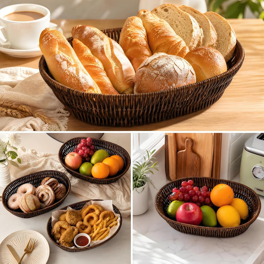 3 Pack Wicker Bread Basket, 11 Inch Food Serving Tray