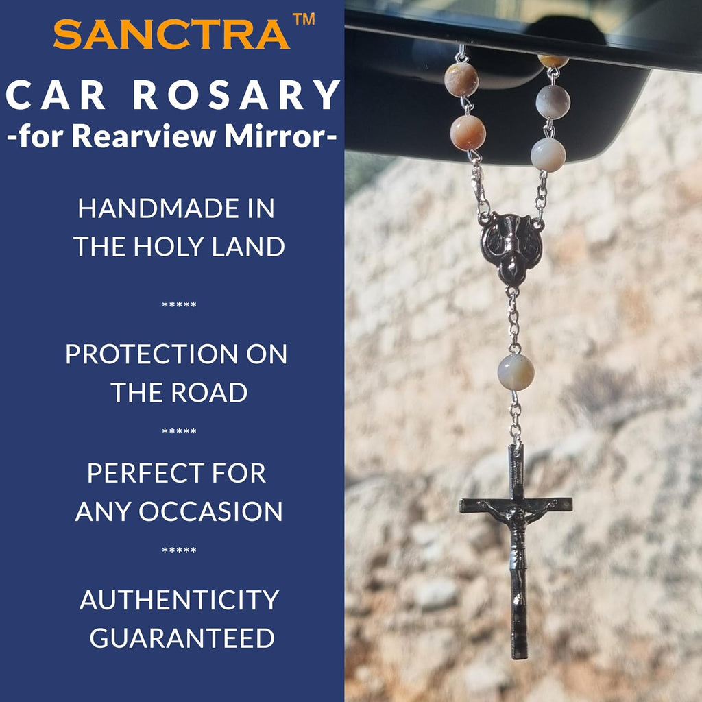 Car Rosary, Handmade and Blessed in the Holy Land, Prayer Beads with Saints Medal and Crucifix, Gift Pouch and