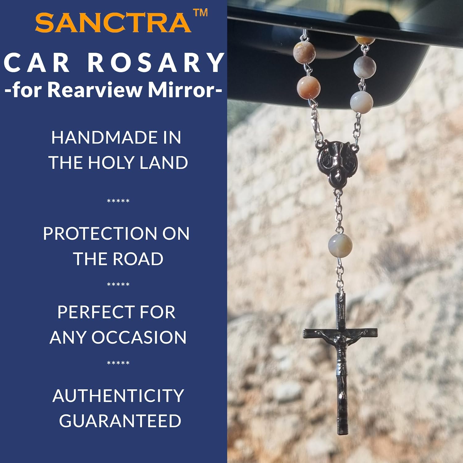 Car Rosary, Handmade and Blessed in the Holy Land, Prayer Beads with Saints Medal and Crucifix, Gift Pouch and