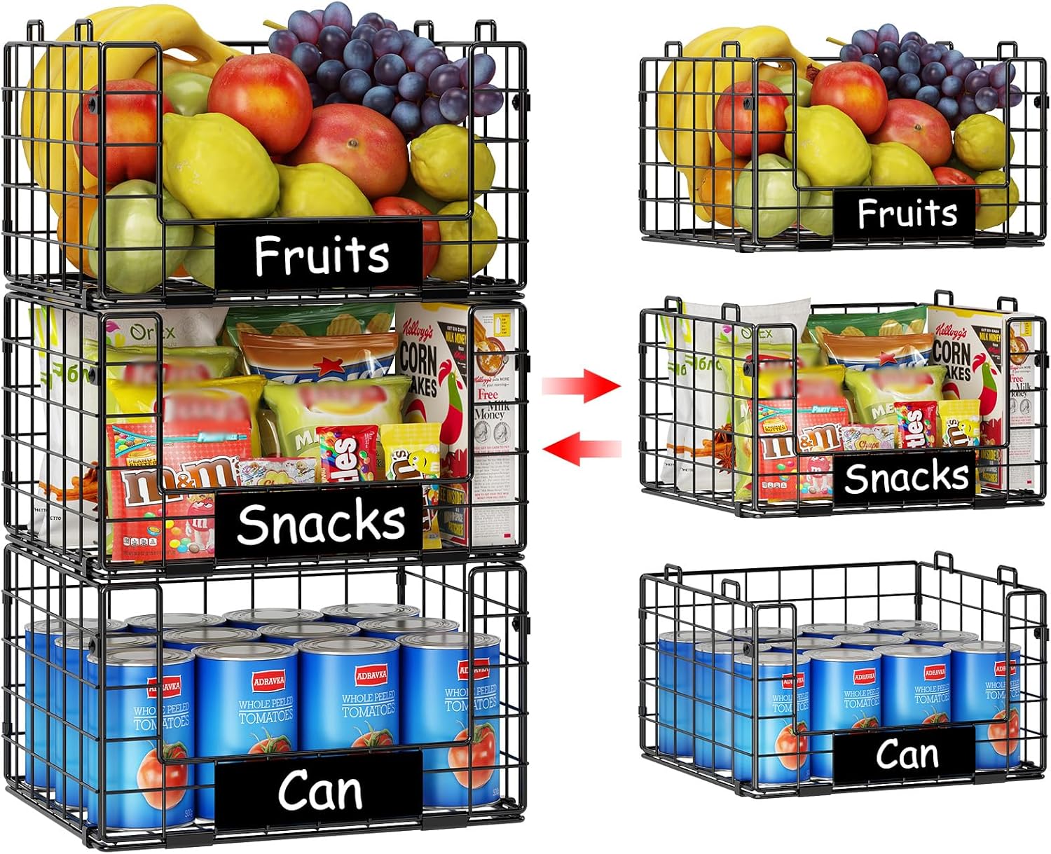 3 Pack Stackable Wire Baskets with NamePlates for Pantry Organizers and Storage, XL Fruit and Vegetable Basket, Metal