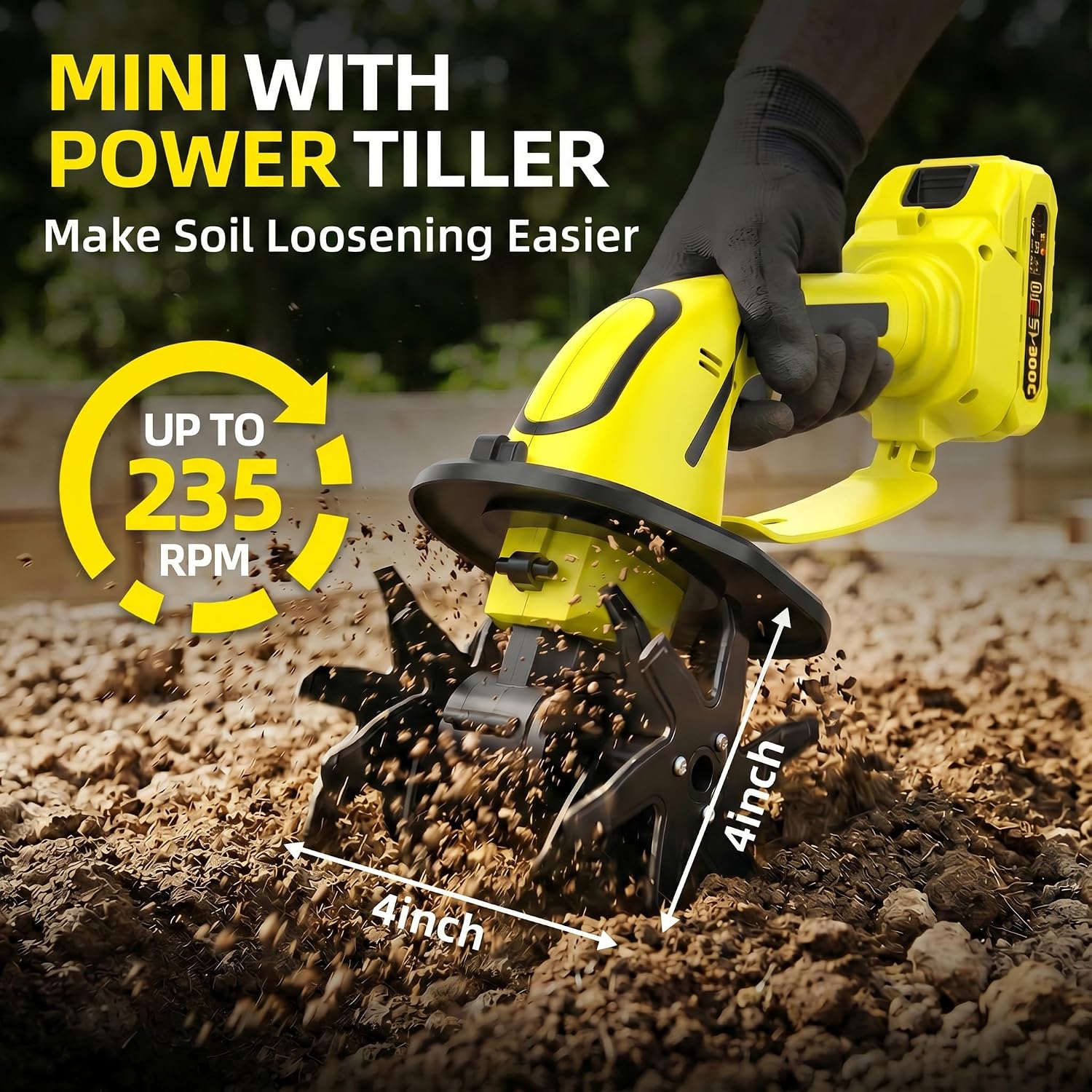 Cordless Tiller Cultivator, 235RPM Electric Hand Tiller with 2×2.0Ah Batteries, 4" Tilling Width & Depth, Powerful