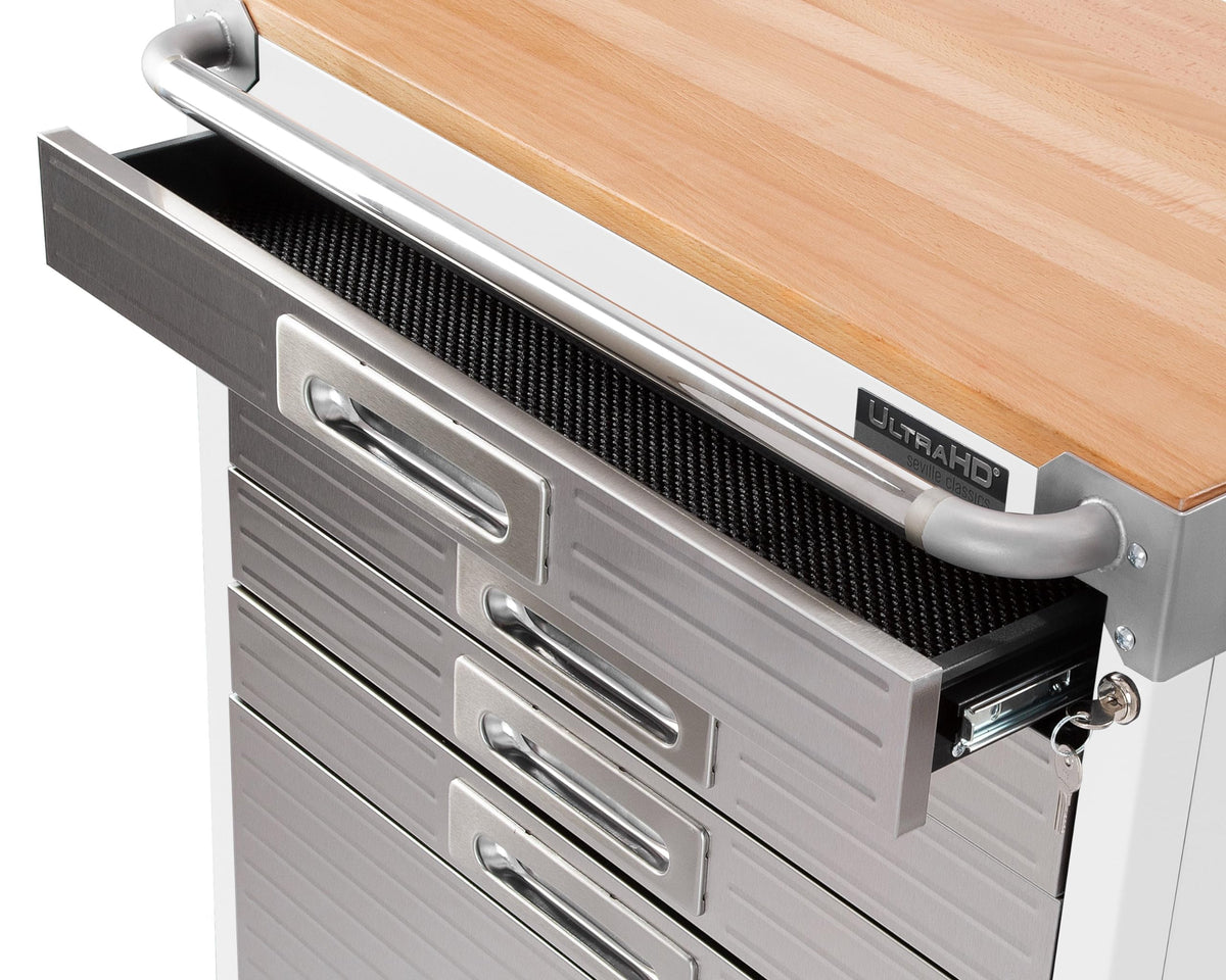 UltraHD Heavy Duty Rolling Cabinet Workbench Table w/Solid Wood Top, Workstation for Garage, Office, Workshop, White