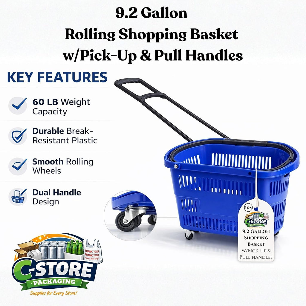 Rolling Shopping Basket with Wheels, Blue, 1 | 9.2 Gallon, Extendable Pull Handle, 60 LB Capacity