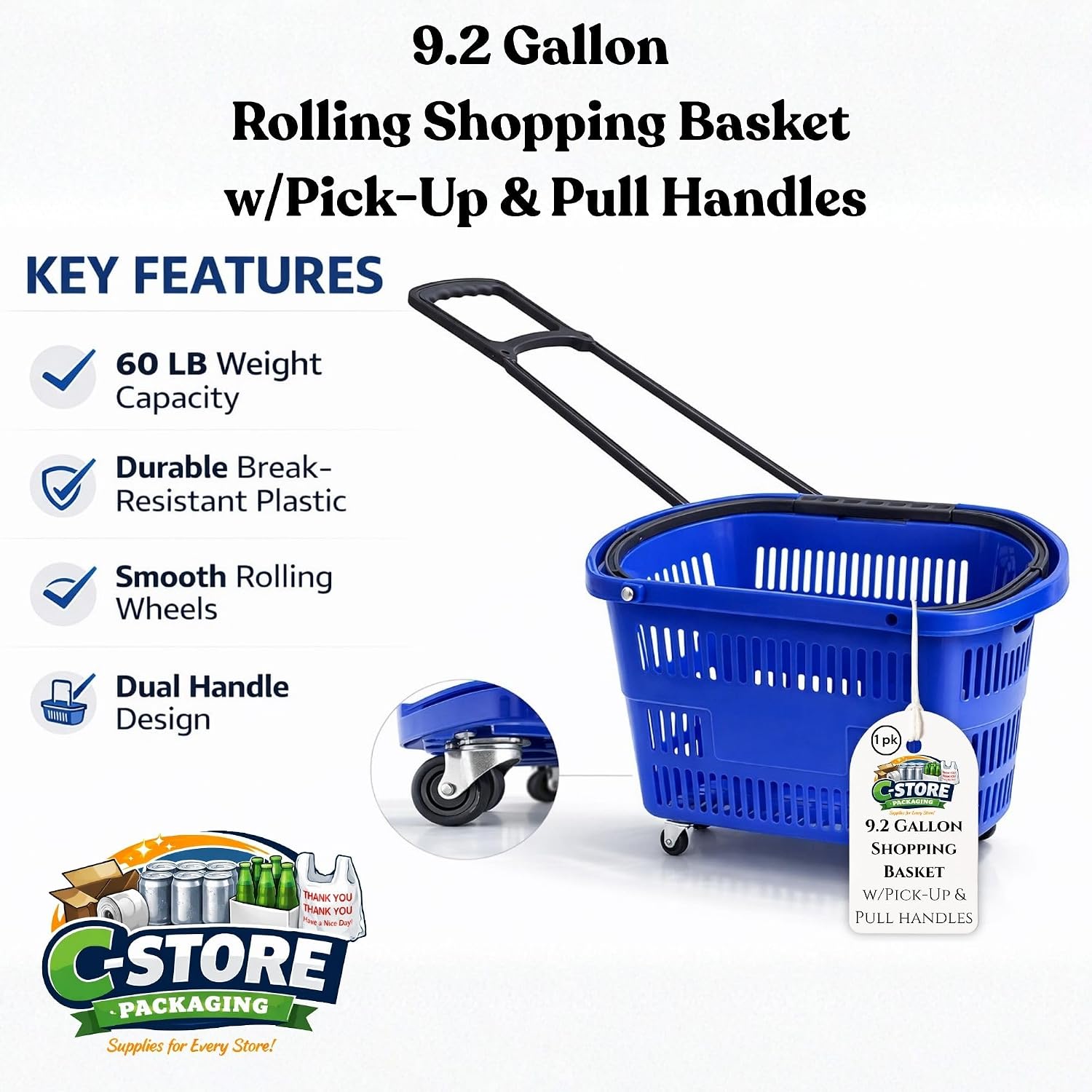 Rolling Shopping Basket with Wheels, Blue, 1 | 9.2 Gallon, Extendable Pull Handle, 60 LB Capacity
