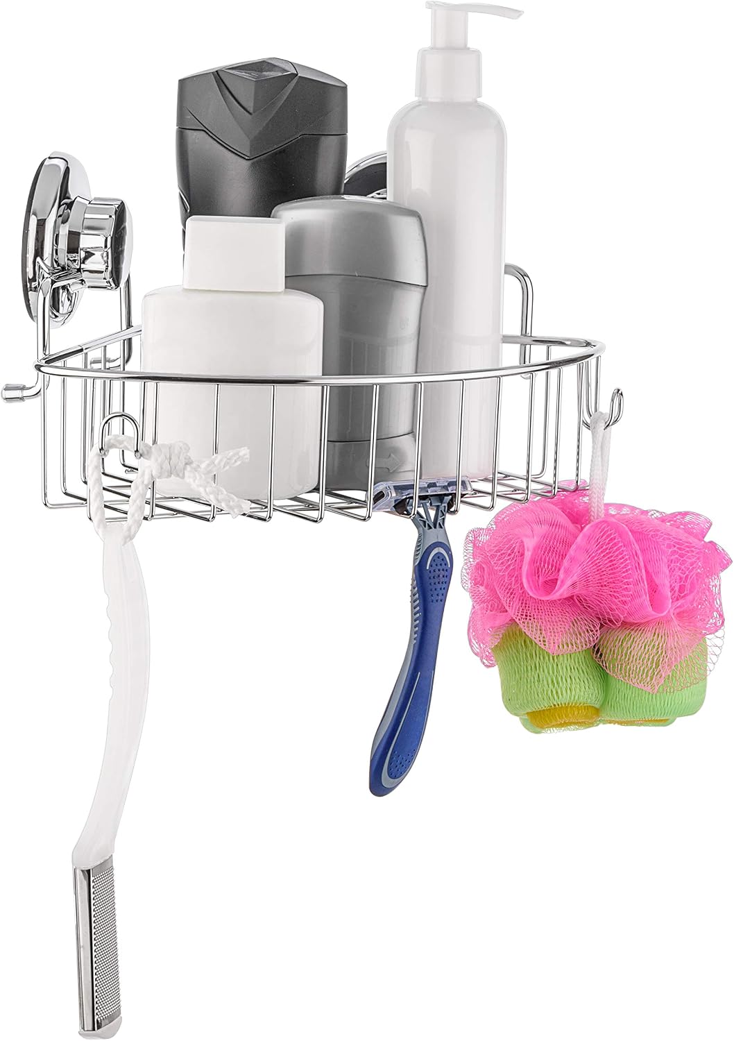Corner Shower Caddy with Suction Cups and 3M Adhesive Mounting Discs for porous surfaces - Stainless Steel Basket for
