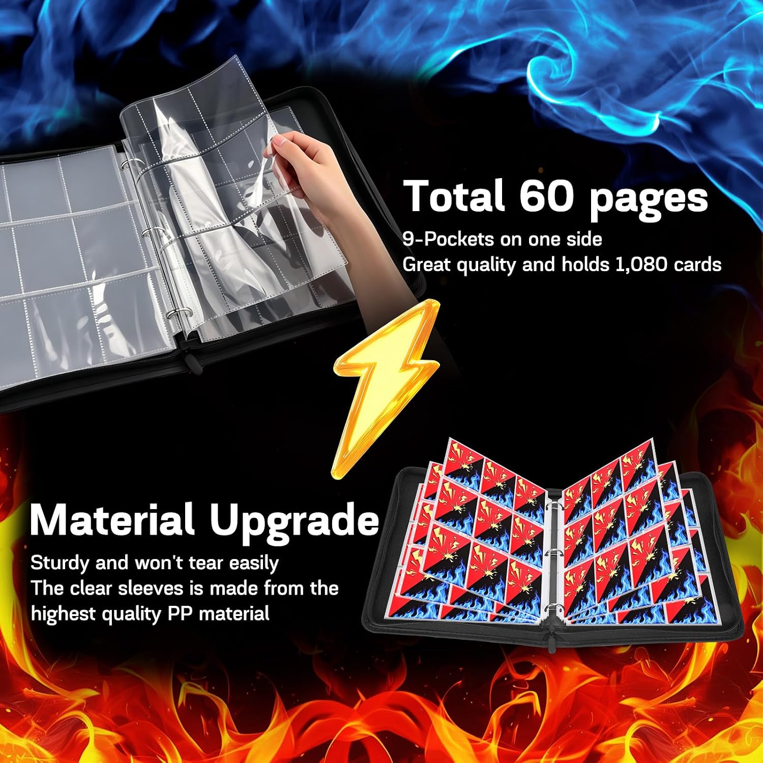 Card Binder 9 Pocket, 1080 Cards Trading Card Binder with 60 Removable Sleeves, Portable Card Binder with Zipper