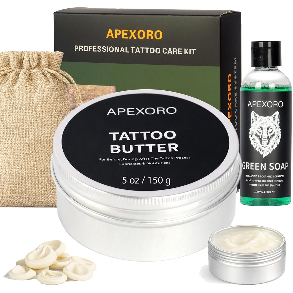 Tattoo Aftercare Kit – Full-Size 5oz Tattoo Butter, Vegan & Non-Greasy Balm for Tattoo Healing with Green Soap