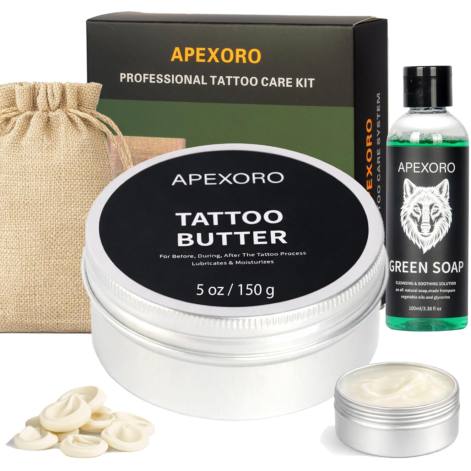 Tattoo Aftercare Kit – Full-Size 5oz Tattoo Butter, Vegan & Non-Greasy Balm for Tattoo Healing with Green Soap