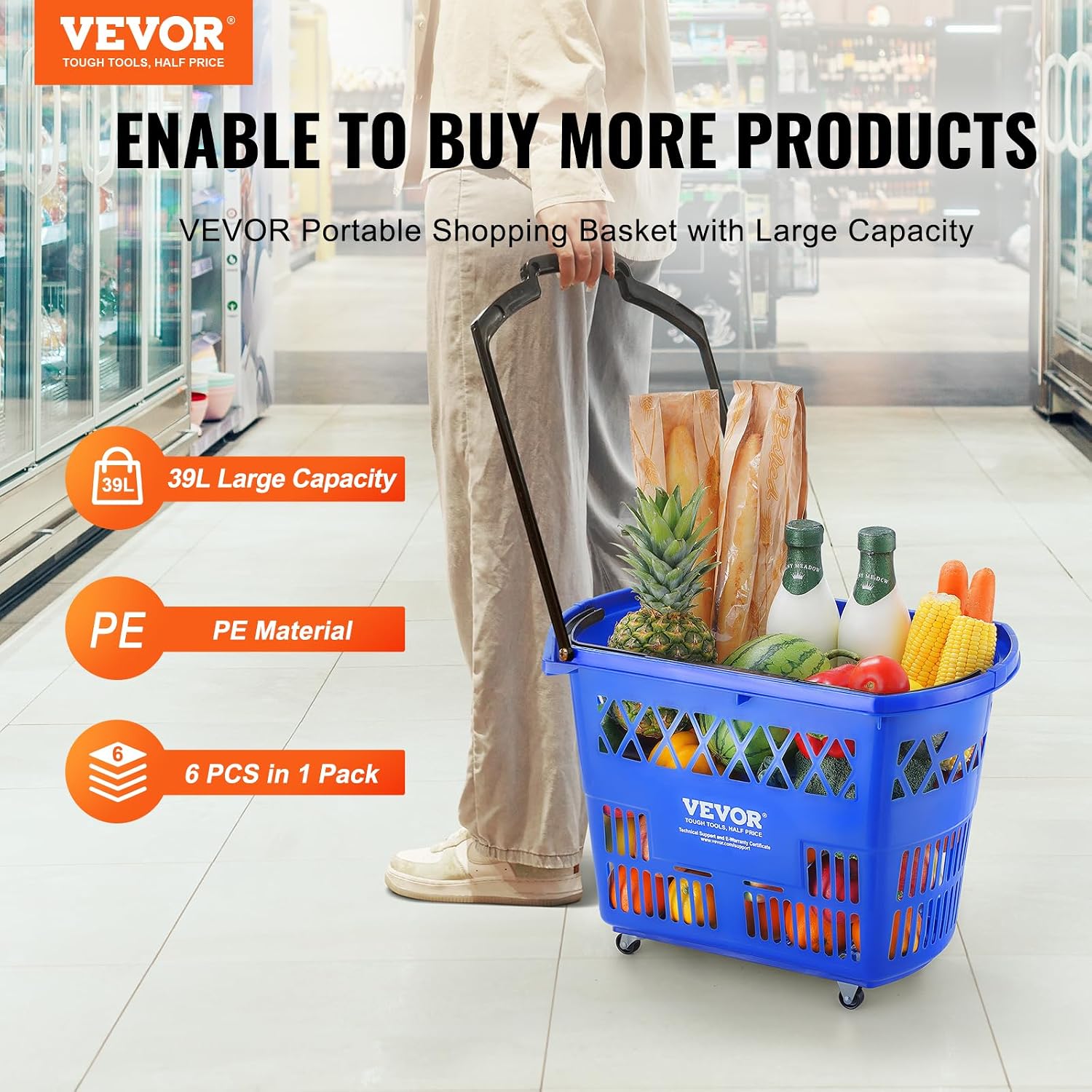 Shopping Carts with Handles, 6PCS, 39L Plastic Rolling Shopping Basket with Wheels, Large Portable Shopping Basket