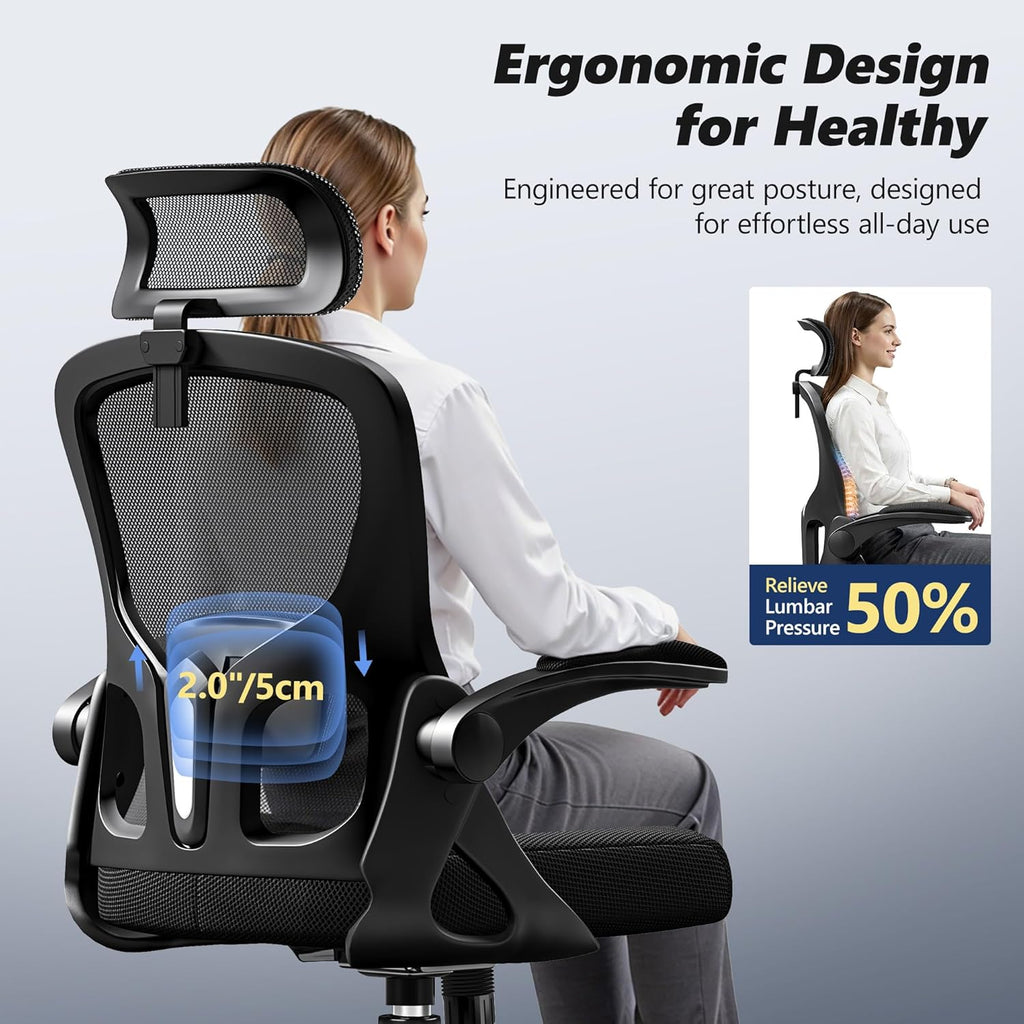 Ergonomic Office Chair, High Back Desk Chair with Flip-up Arms, 300 LBS Mesh Computer Chair with Adjustable Headrest