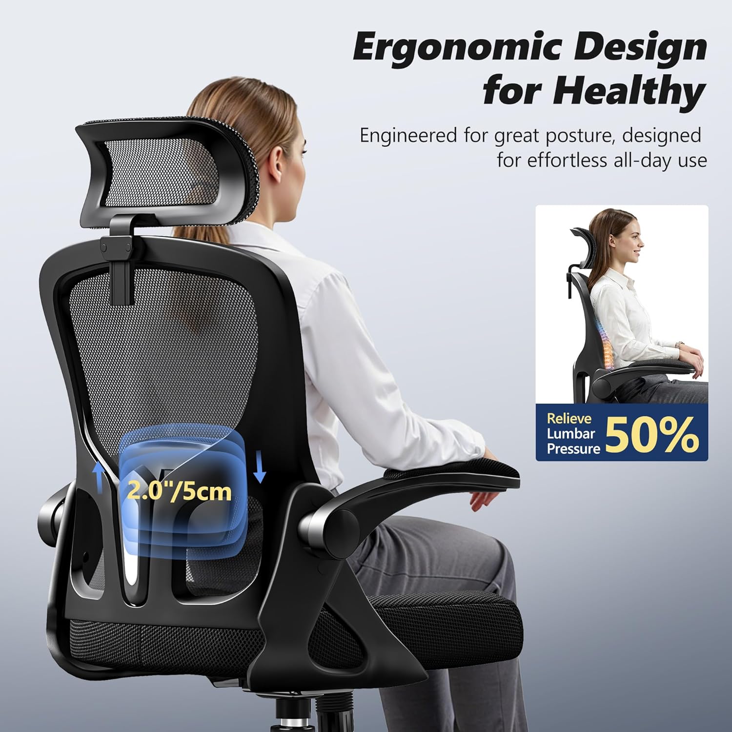 Ergonomic Office Chair, High Back Desk Chair with Flip-up Arms, 300 LBS Mesh Computer Chair with Adjustable Headrest