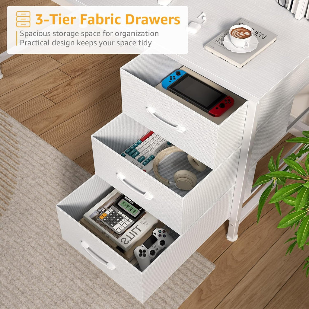 White Computer Desk with Hutch & Drawers - 47 Inch Modern Study Writing Office Desk with 3 Storage Drawers and Power