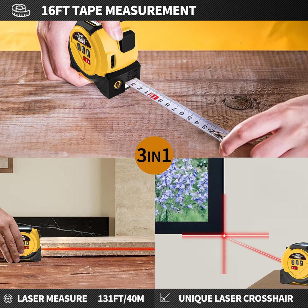 Laser Tape Measure 3 in 1 Laser Rangefinder Tape Measure 131ft Laser Measuring Tape & 16ft Tape Measure for