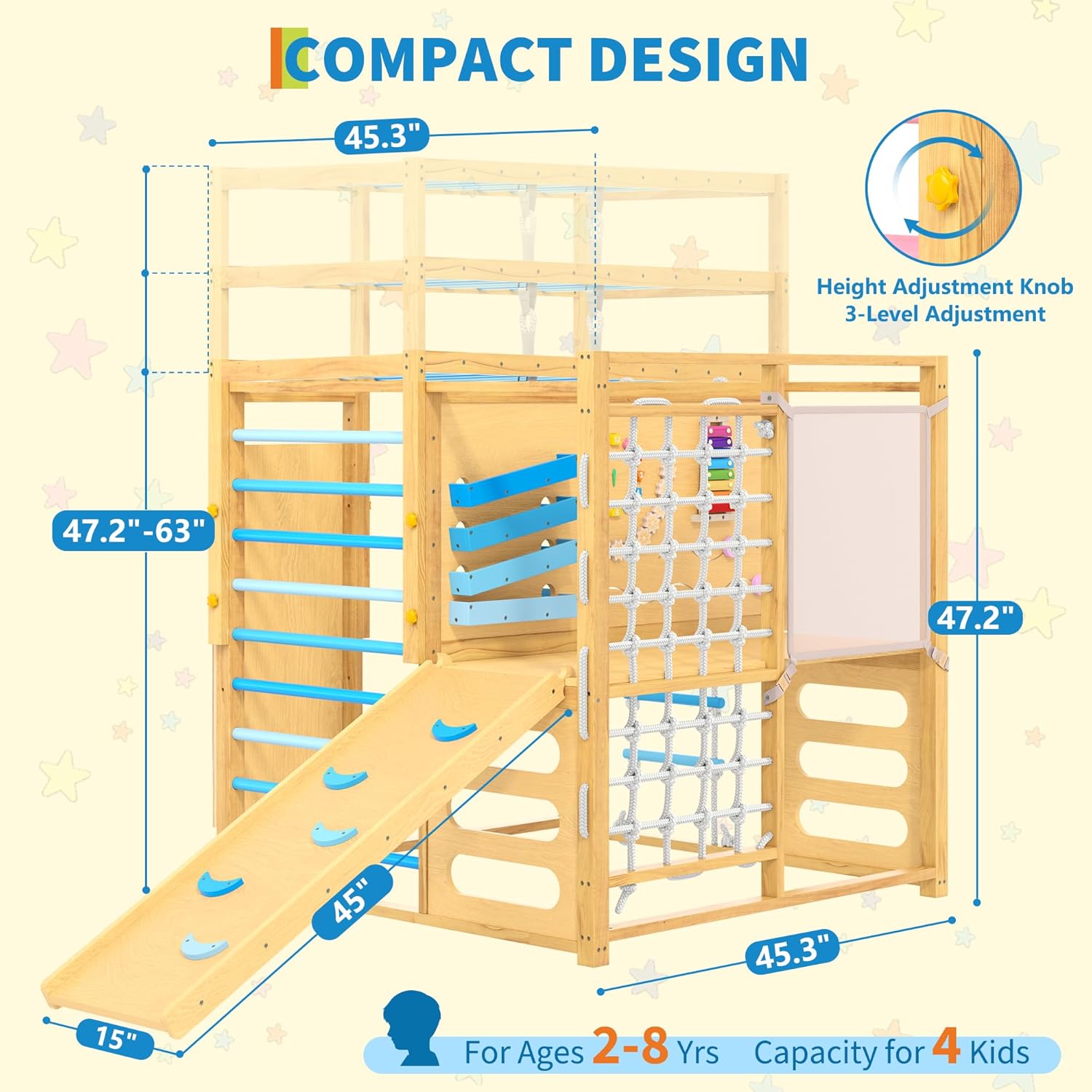 9-in-1 Indoor Jungle Gym, Montessori Wooden Indoor Playground for Kids 2-8, Wooden Climbing Structure with Slide