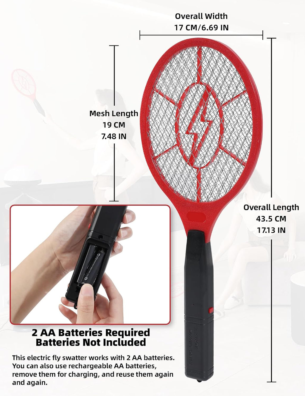 Electric Fly Swatter 2 Pack (Red & Blue), Battery Powered Bug Zapper Racket for Mosquitoes & Flies, Safe Protective