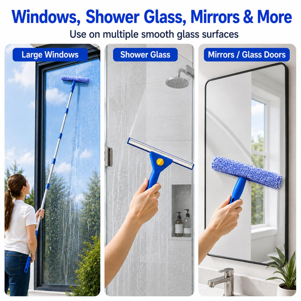 Window Cleaning Kit, 87-Inch Reach, Squeegee, Collapsible Bucket & Scraper