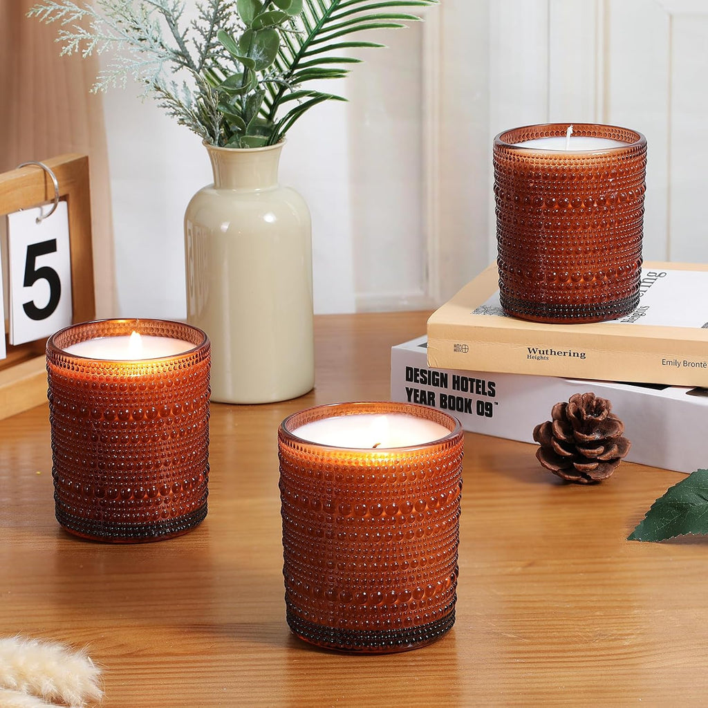 12 Pcs 10 oz Glass Candle Jars with Lids, Candle Tins-Amber | Thick Wall Ribbed Glass, Airtight Wood Lids- The go to