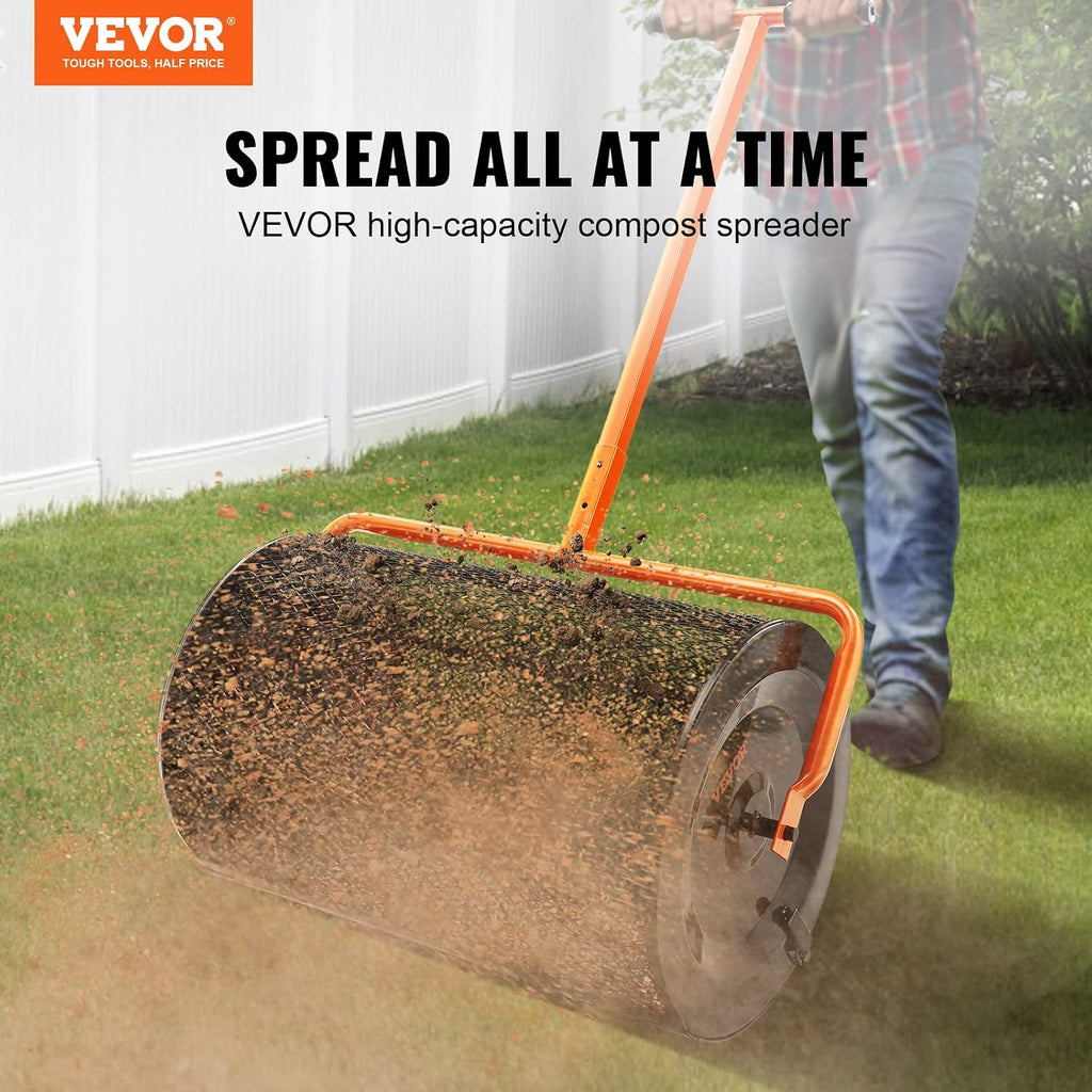Compost Spreader, 24.4-25.6" Height Adjustable Handle, 24" Wide, Lawn and Garden Peat Moss Roller with Side Latches