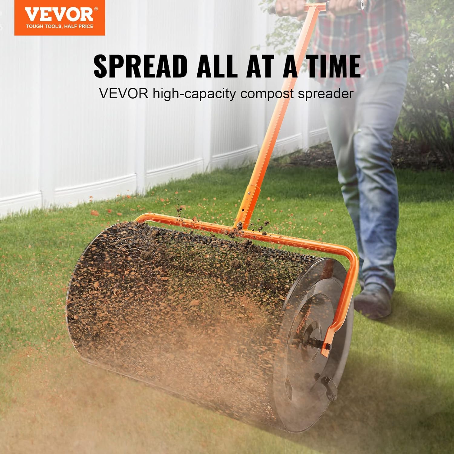Compost Spreader, 24.4-25.6" Height Adjustable Handle, 24" Wide, Lawn and Garden Peat Moss Roller with Side Latches