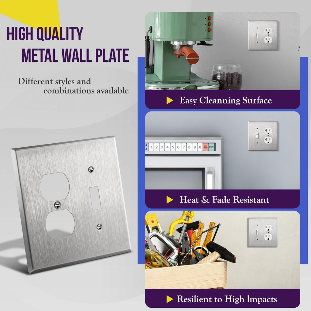 ENERLITES Combination Toggle & Duplex Metal Wall Plate, Midsize, Silver