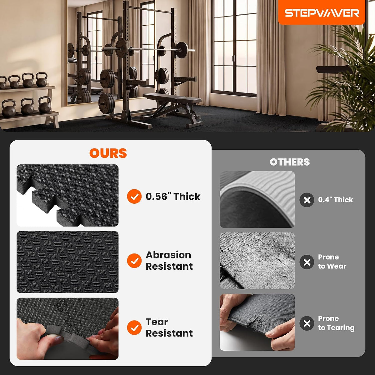 0.56" Thick 48 Sq Ft Rubber-Textured Gym Flooring for Home Gym