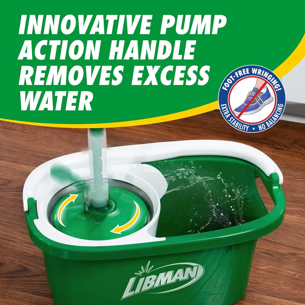 Libman Tornado Spin Mop System and 1 Refill, Mop and Bucket with Wringer Set for Hardwood Floor Cleaning, 2 Total