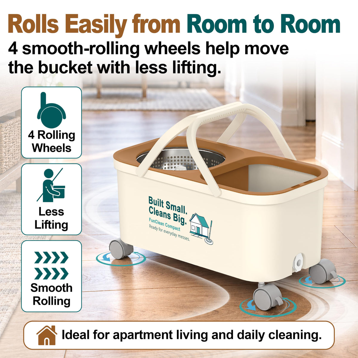 FunClean Compact Mop Bucket Set, 4 Swivel Wheels, 1.5 Gal Capacity, Green