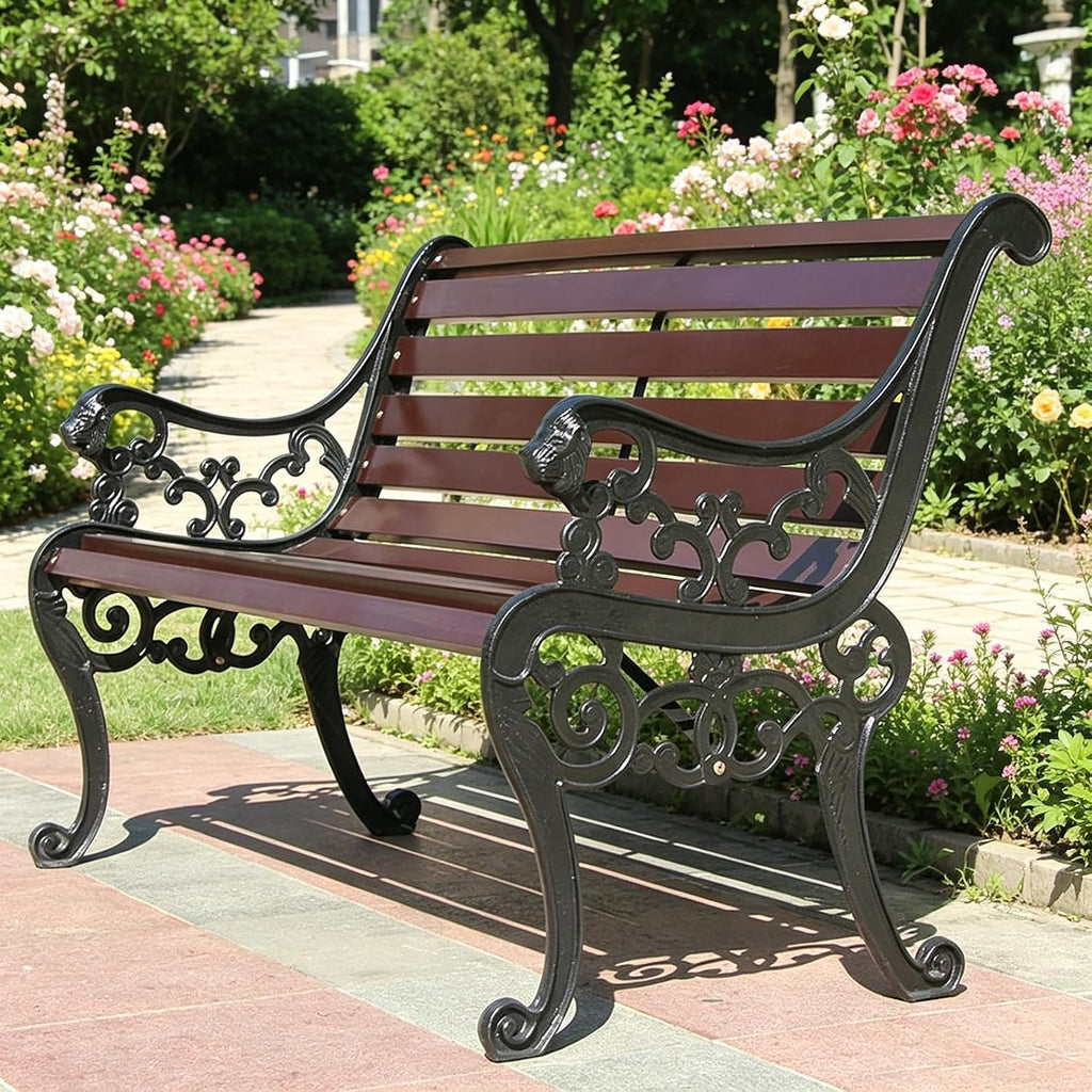 Outdoor Metal Garden Bench, 2-3 Person Patio Park Bench, Two-Seat Solid Wood Seat, Metal Frame, Backrest and