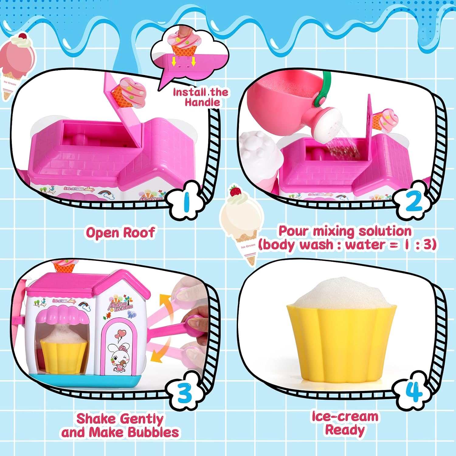 Bath Toys for Kids Ages 4-8 Ice Cream Foam Maker Play Set | Bubble Pretend Play Cake Set Bath Toys for Toddlers 3-5