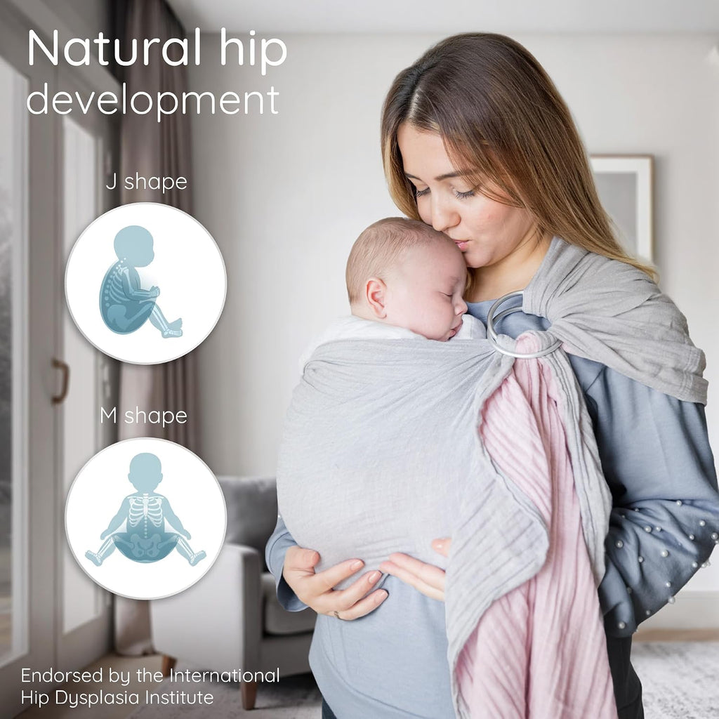 Ring Sling Baby Carrier - USA Lab Tested, 100% Natural Cotton Muslin, Breathable & Ergonomic Ring Sling Grey Rose